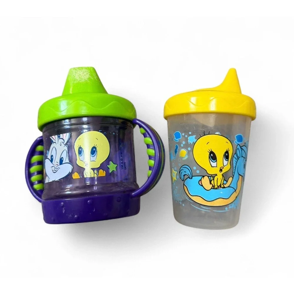 Vintage Tweety Bird Gerber Sippy Cups Lot Warner Bros Looney Tunes Baby Cups